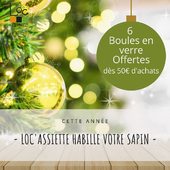 Cette année, nous vous proposons d’habiller votre sapin. Du 13 au 31 Décembre, pour toute commande de 50€ ttc en magasin, nous vous offrons 6 boules en verre dans la couleur de votre choix (ocre, rouge, verte ou champagne). 
Dans la limite des stocks disponibles.